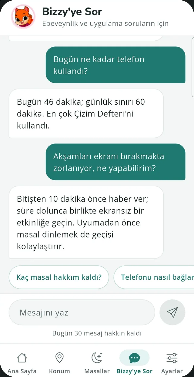 Bizzy'ye Sor sohbet ekranı: ekran süresi sorusu ve cevabı