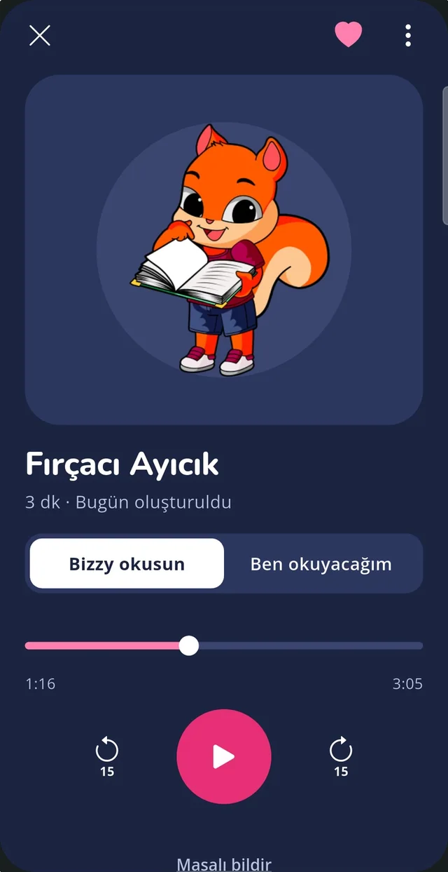 Masal oynatıcısı: kitap okuyan Bizzy ve oynat düğmesi